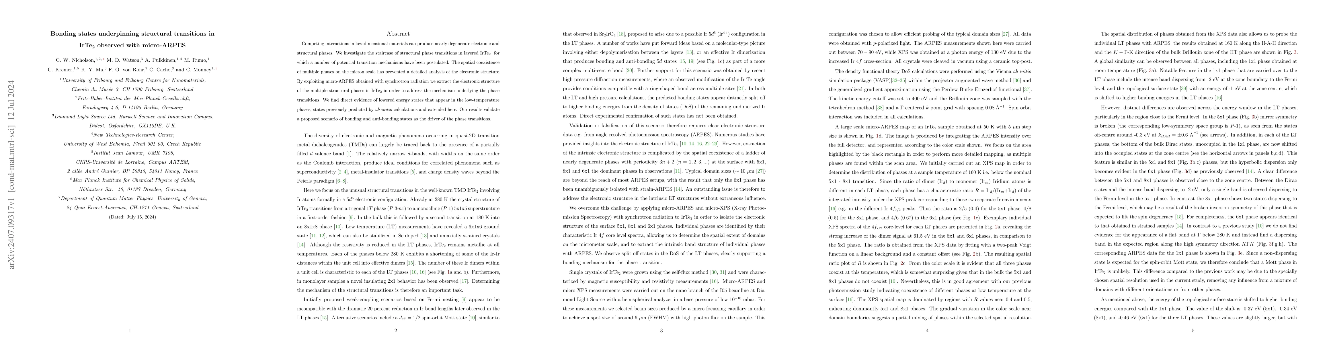 Thumbnail for Bonding states underpinning structural transitions in IrTe$_2$ observed
  with micro-ARPES