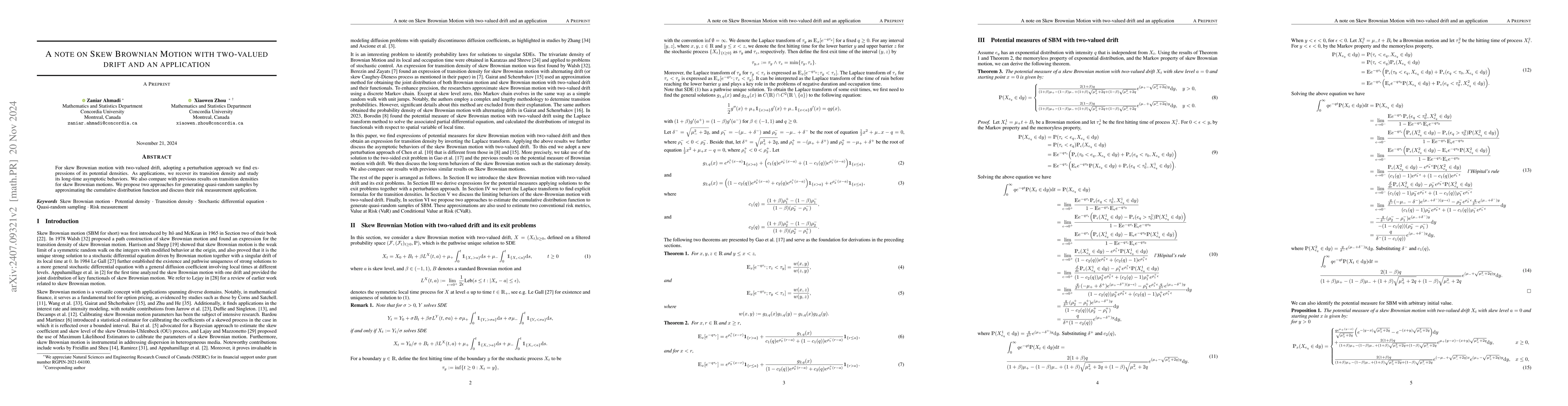Thumbnail for A note on Skew Brownian Motion with two-valued drift and an application