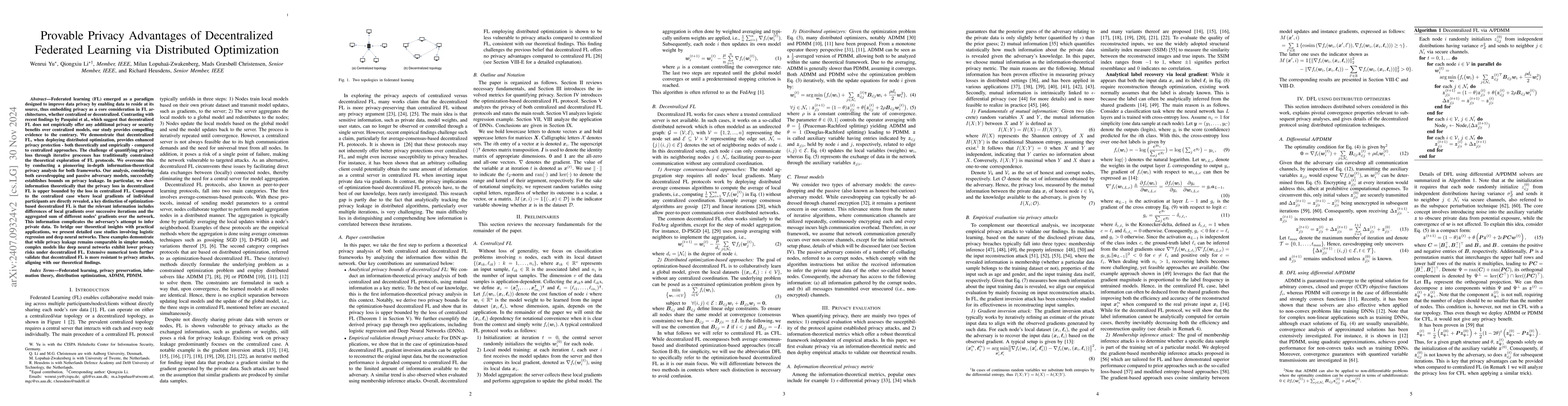 Thumbnail for Provable Privacy Advantages of Decentralized Federated Learning via
  Distributed Optimization
