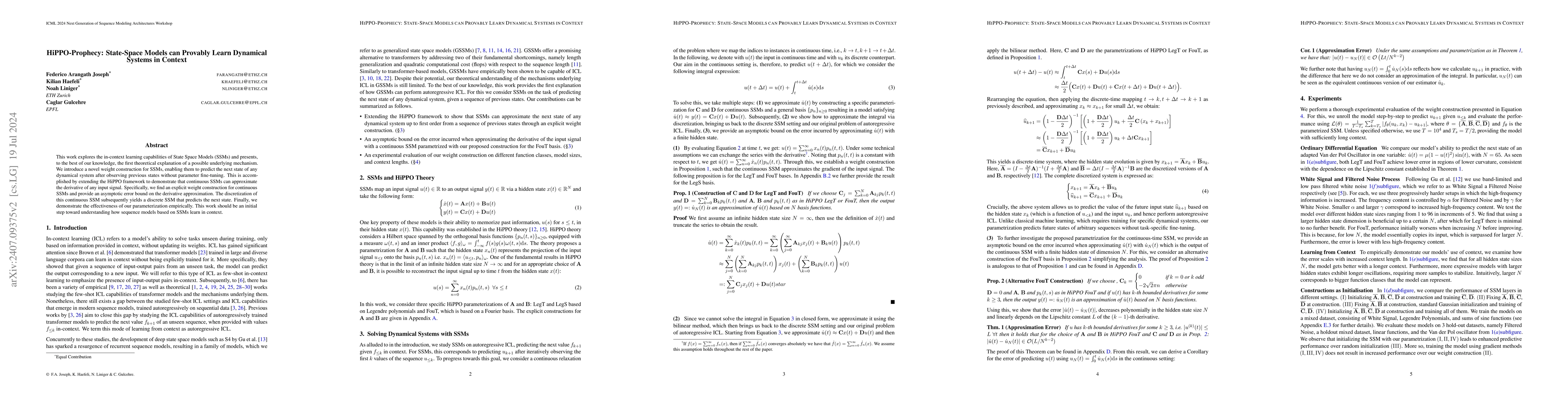 Thumbnail for HiPPO-Prophecy: State-Space Models can Provably Learn Dynamical Systems
  in Context