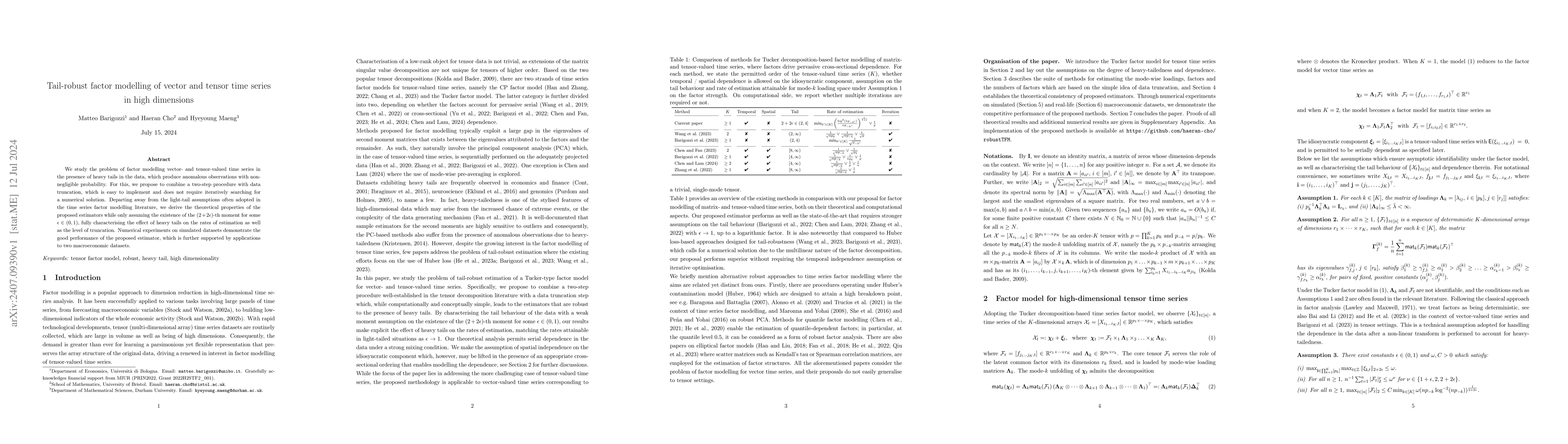 Thumbnail for Tail-robust factor modelling of vector and tensor time series in high
  dimensions