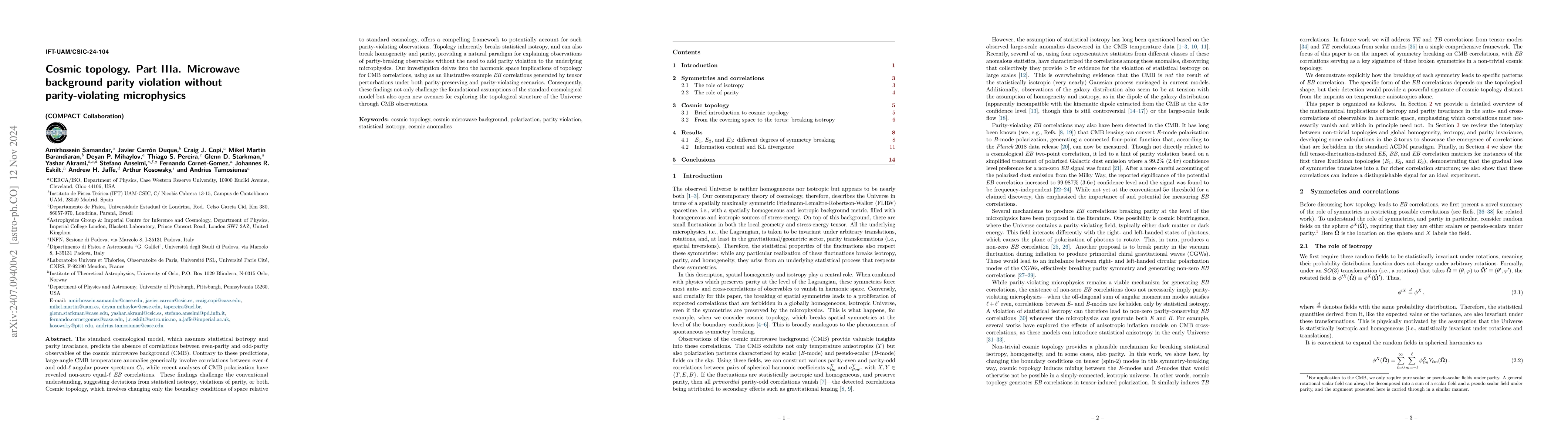 Thumbnail for Cosmic topology. Part IIIa. Microwave background parity violation
  without parity-violating microphysics