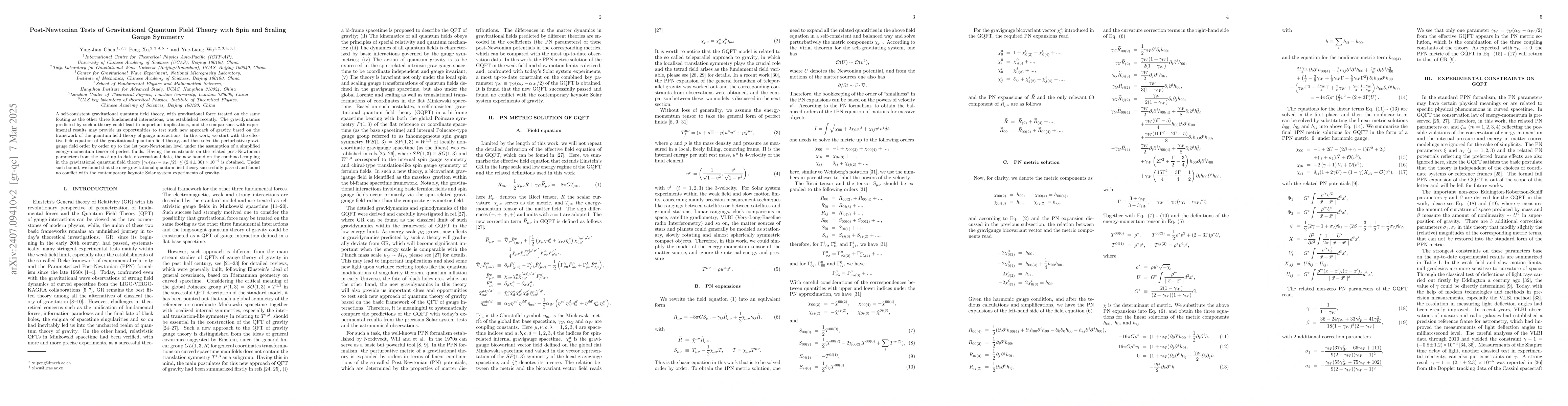 Thumbnail for Post-Newtonian Tests of Gravitational Quantum Field Theory with Spin and
  Scaling Gauge Symmetry