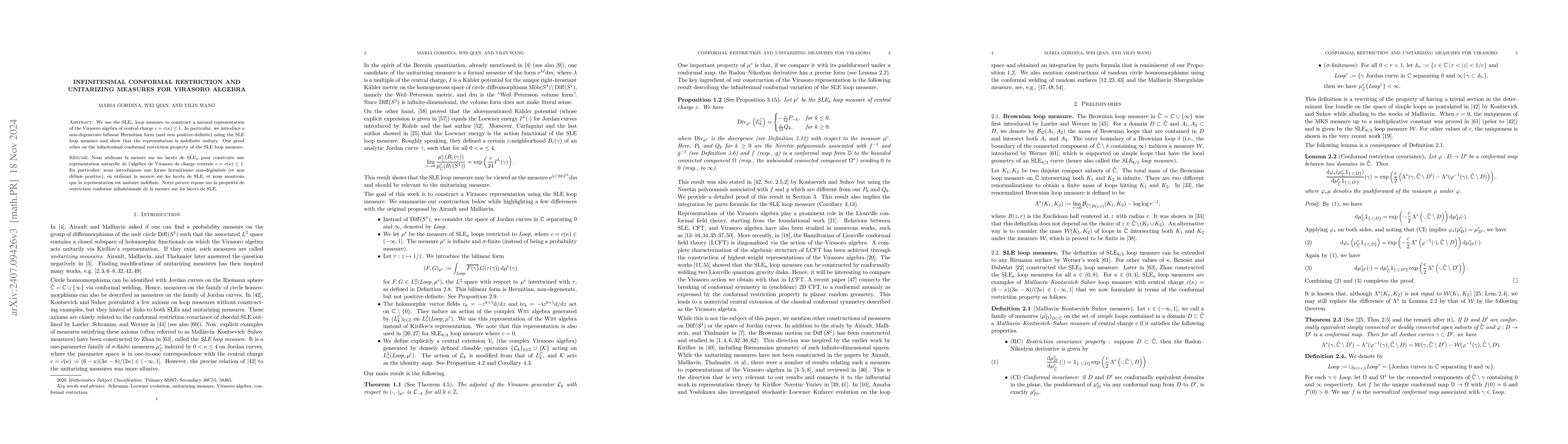 Thumbnail for Infinitesimal conformal restriction and unitarizing measures for
  Virasoro algebra