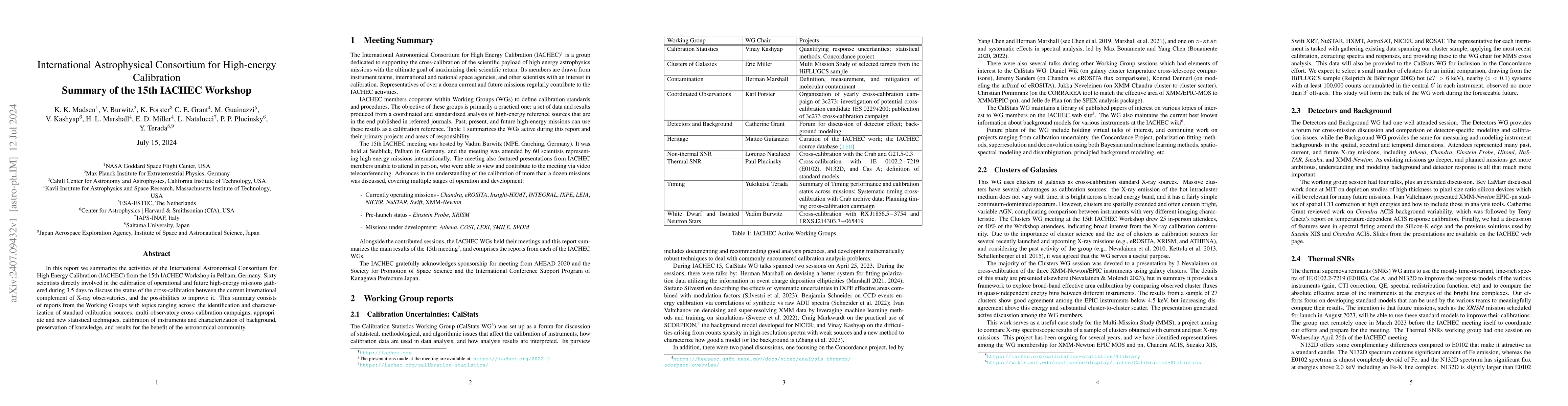 Thumbnail for International Astrophysical Consortium for High-energy Calibration:
  Summary of the 15th IACHEC Workshop
