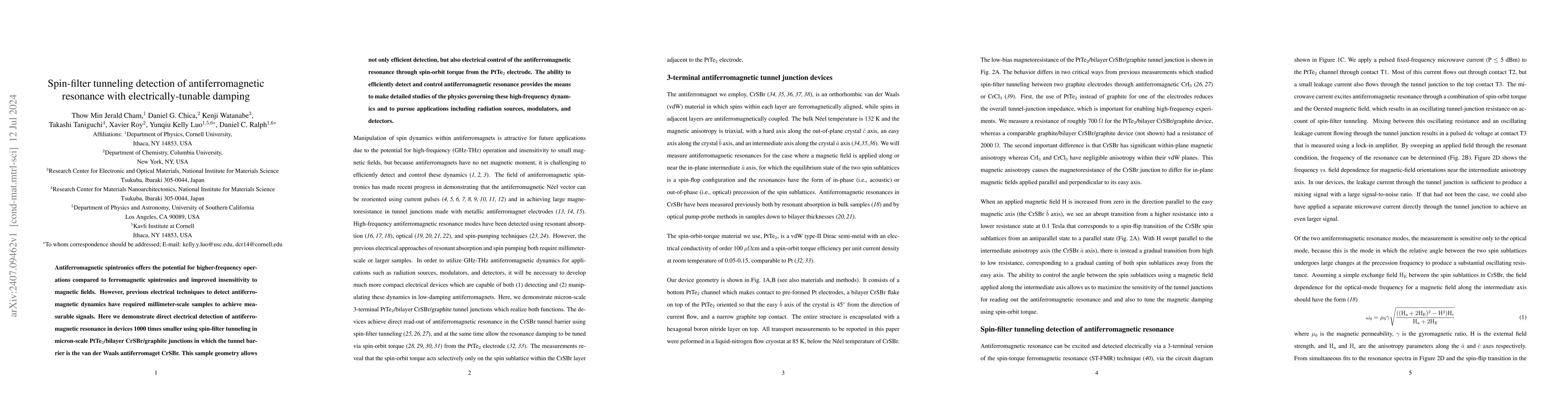 Thumbnail for Spin-filter tunneling detection of antiferromagnetic resonance with
  electrically-tunable damping