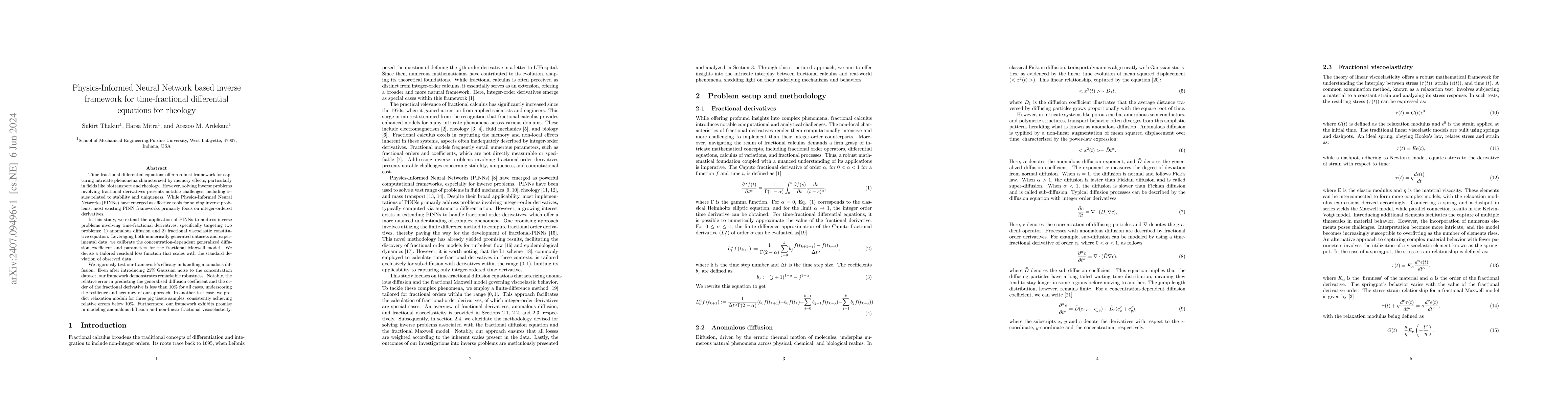 Thumbnail for Physics-Informed Neural Network based inverse framework for
  time-fractional differential equations for rheology