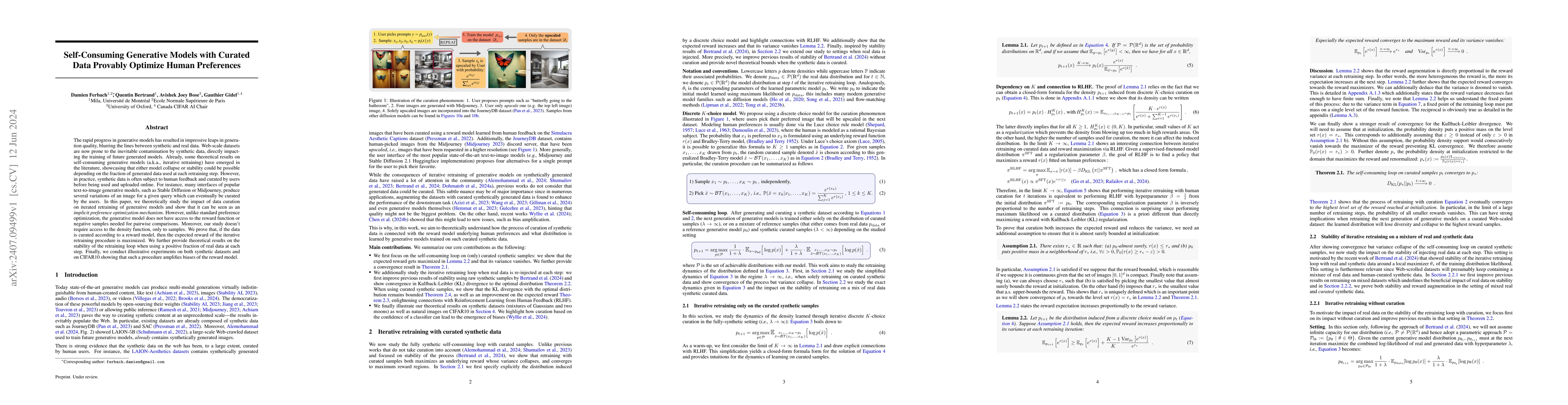 Thumbnail for Self-Consuming Generative Models with Curated Data Provably Optimize
  Human Preferences