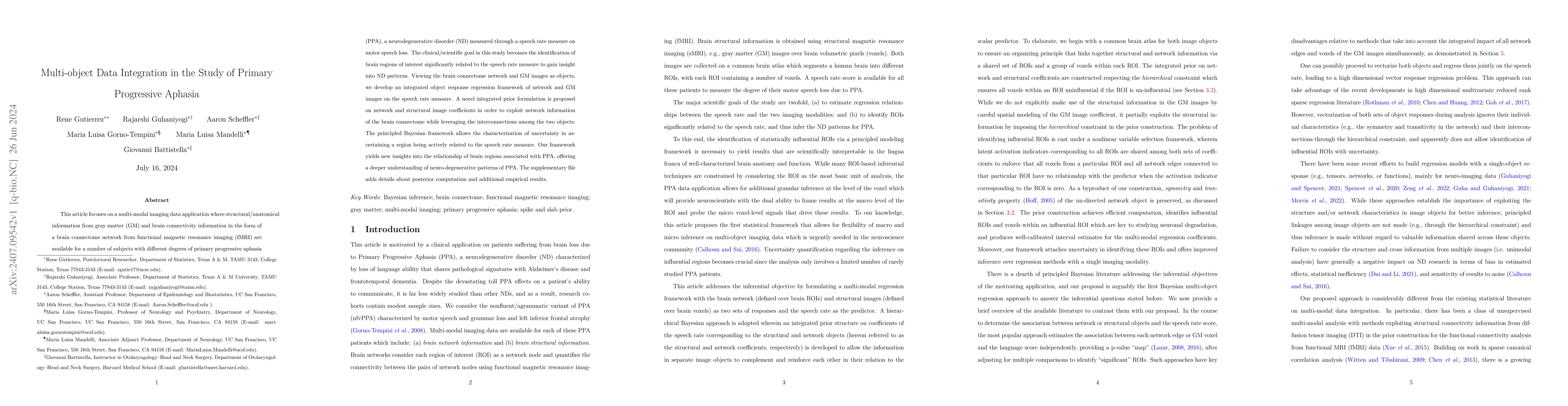 Thumbnail for Multi-object Data Integration in the Study of Primary Progressive
  Aphasia
