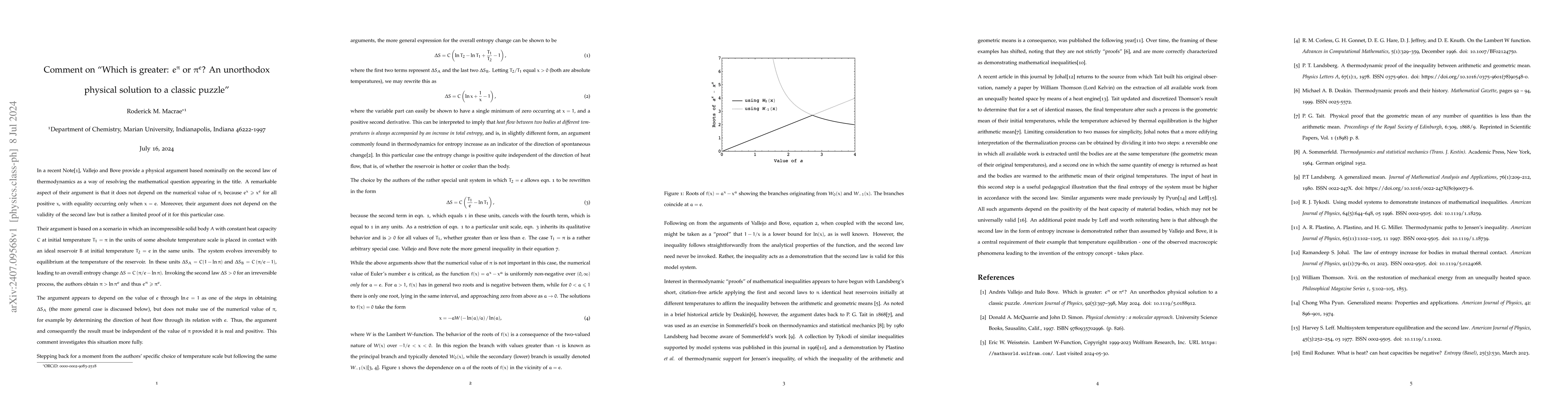 Thumbnail for Comment on "Which is greater: $e^π$ or $π^{e}$? An unorthodox
  physical solution to a classic puzzle"