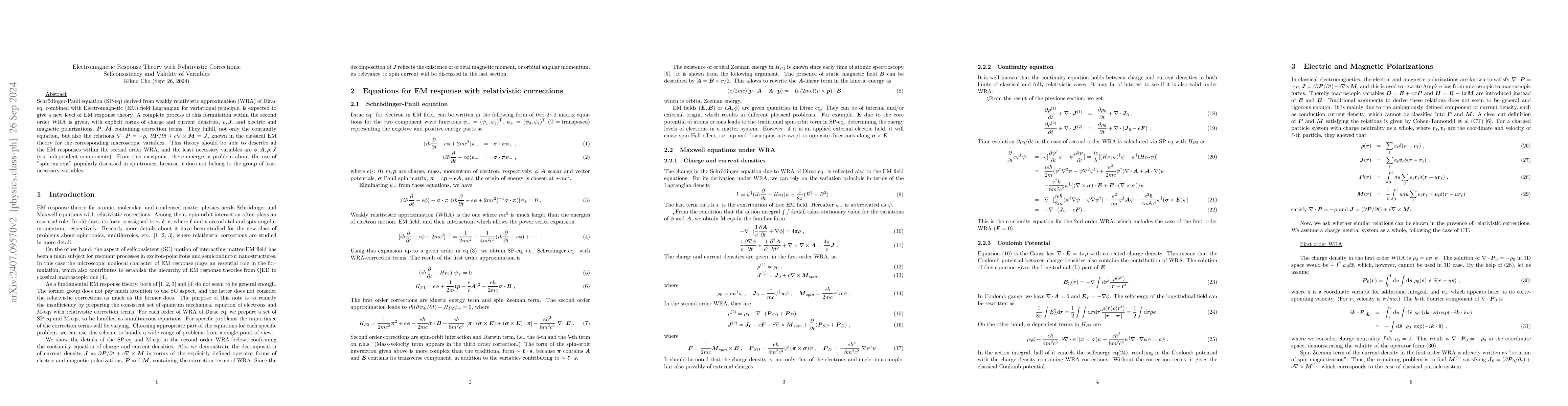 Thumbnail for Electromagnetic Response Theory with Relativistic Corrections:
  Selfconsistency and Validity of Variables