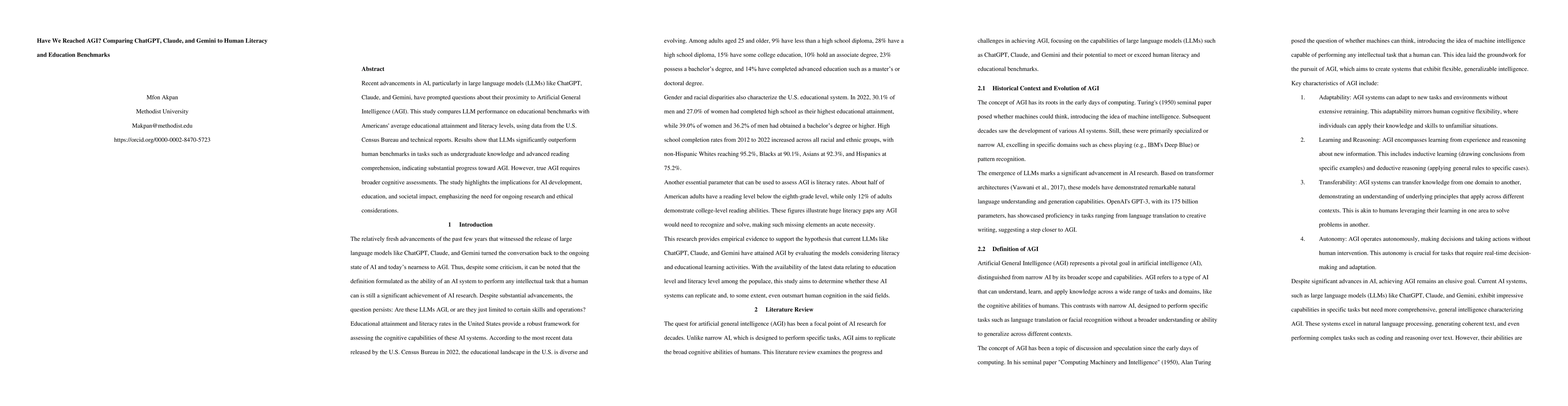 Thumbnail for Have We Reached AGI? Comparing ChatGPT, Claude, and Gemini to Human
  Literacy and Education Benchmarks
