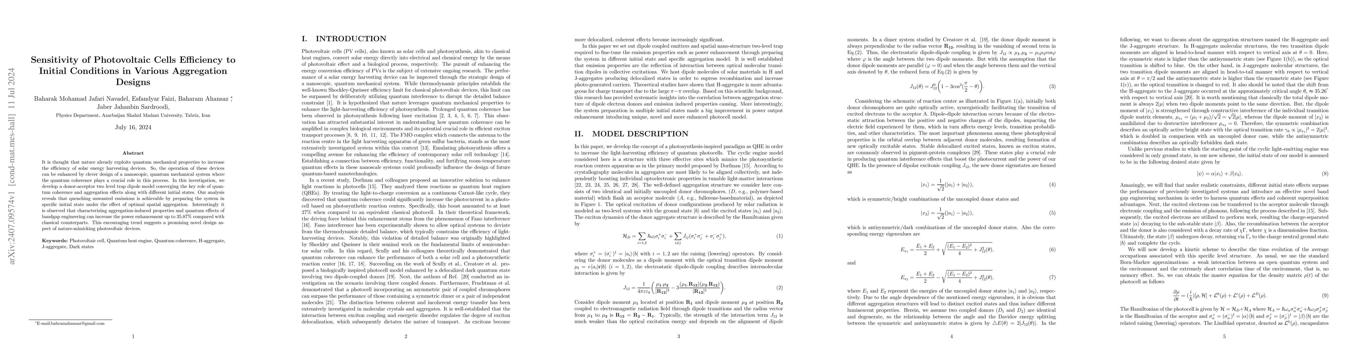 Thumbnail for Sensitivity of Photovoltaic Cells Efficiency to Initial Conditions in
  Various Aggregation Designs
