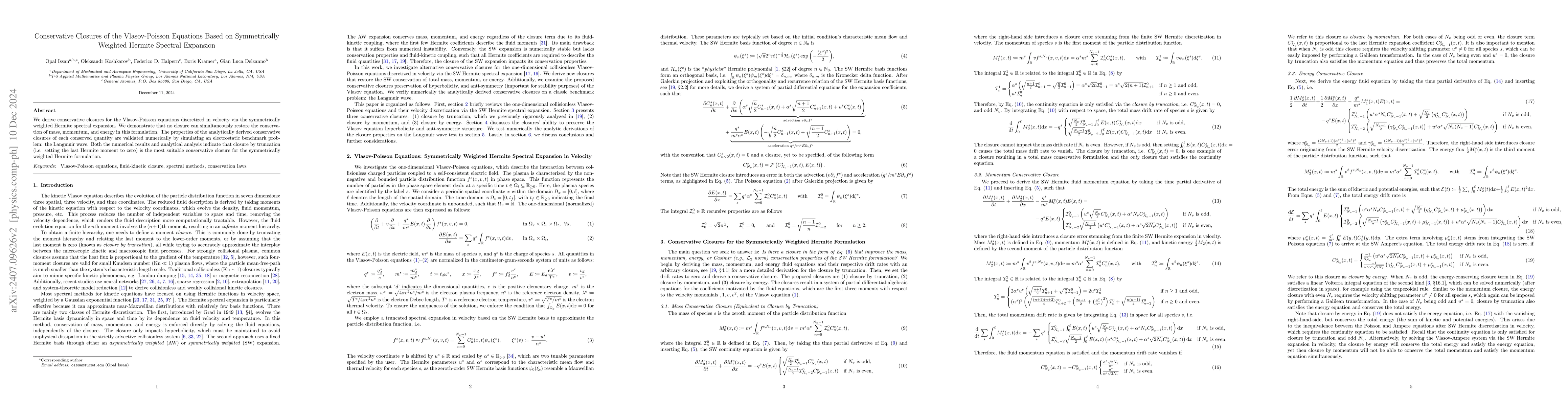 Thumbnail for Conservative Closures of the Vlasov-Poisson Equations Based on
  Symmetrically Weighted Hermite Spectral Expansion