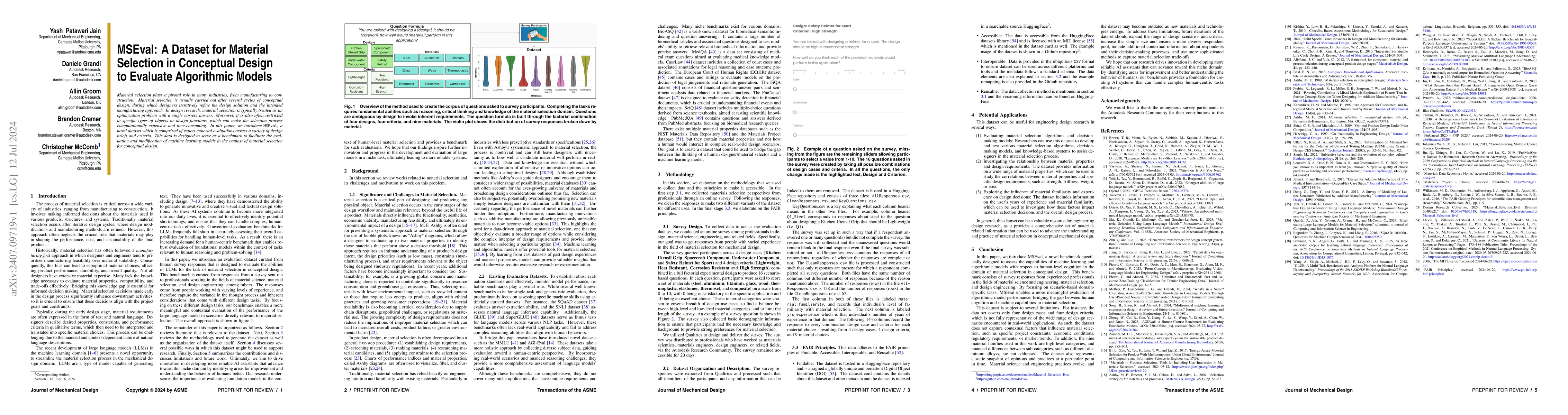 Thumbnail for MSEval: A Dataset for Material Selection in Conceptual Design to
  Evaluate Algorithmic Models
