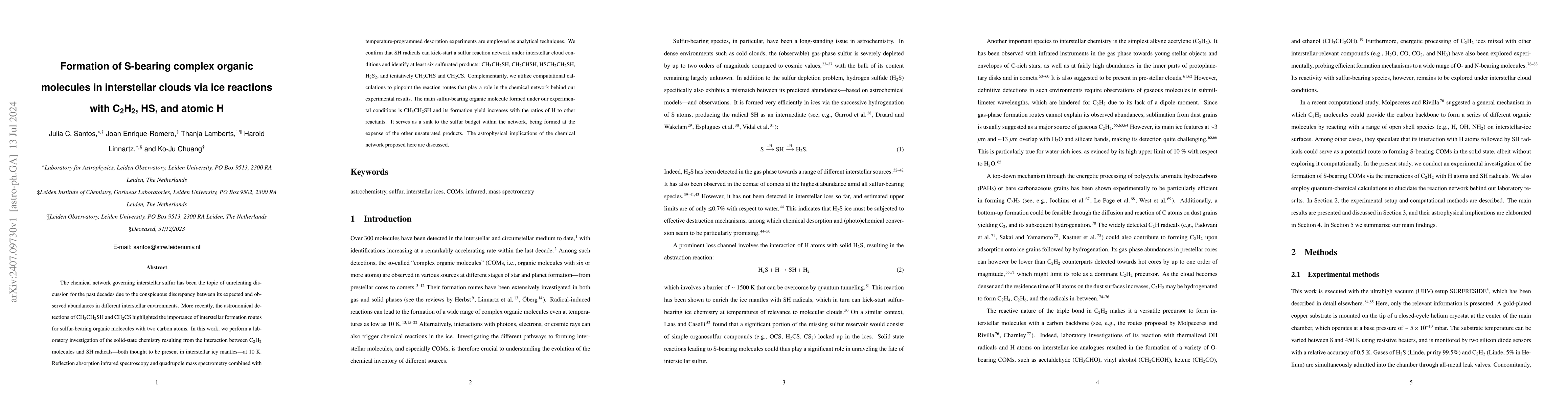 Thumbnail for Formation of S-bearing complex organic molecules in interstellar clouds
  via ice reactions with C2H2, HS, and atomic H