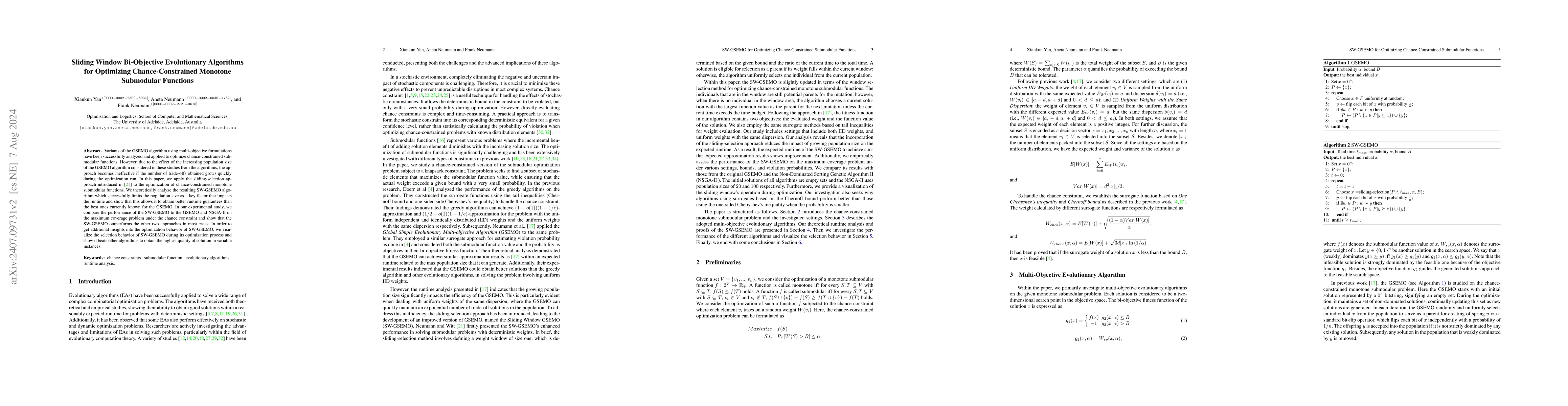 Thumbnail for Sliding Window Bi-Objective Evolutionary Algorithms for Optimizing
  Chance-Constrained Monotone Submodular Functions