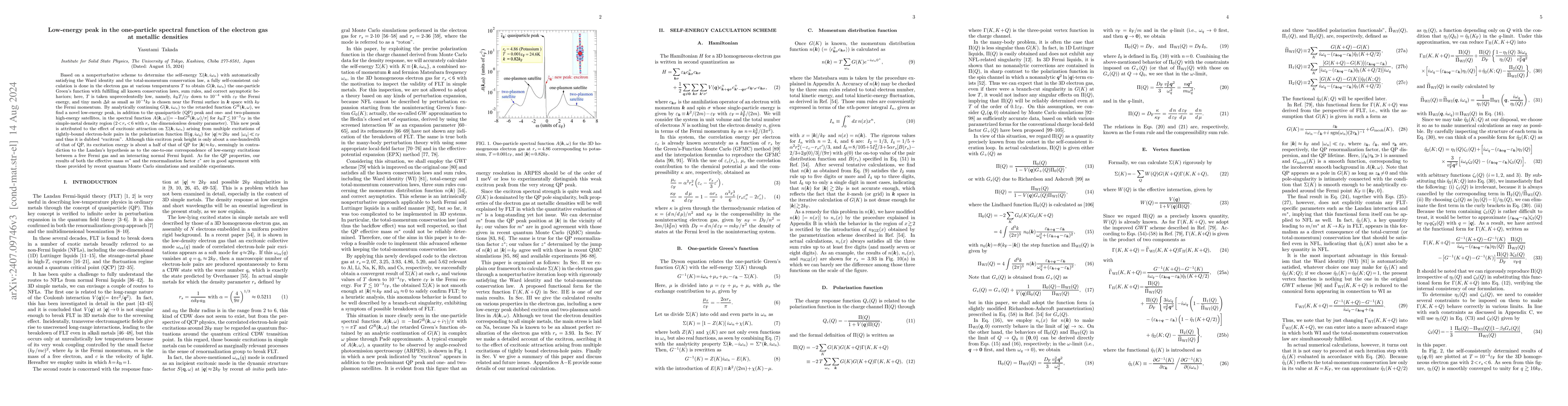 Thumbnail for Low-energy peak in the one-particle spectral function of the electron
  gas at metallic densities