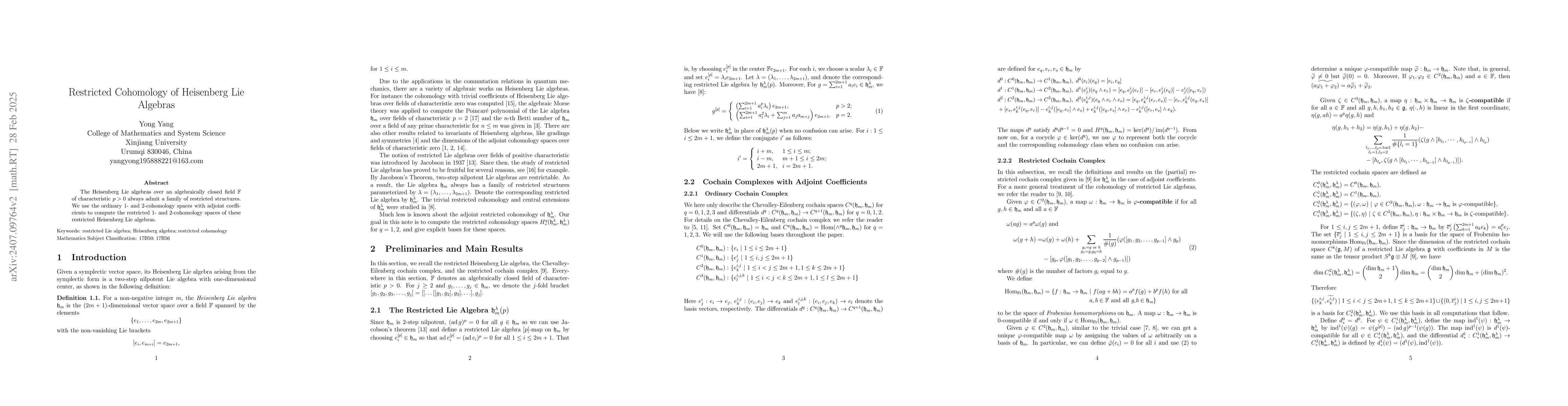 Thumbnail for Restricted Cohomology of Heisenberg Lie Algebras