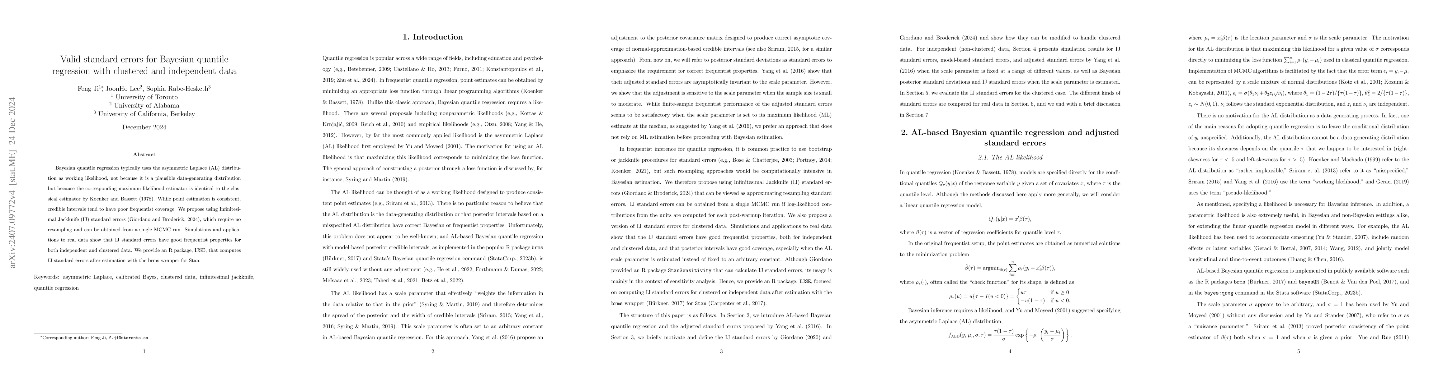 Thumbnail for Valid standard errors for Bayesian quantile regression with clustered
  and independent data