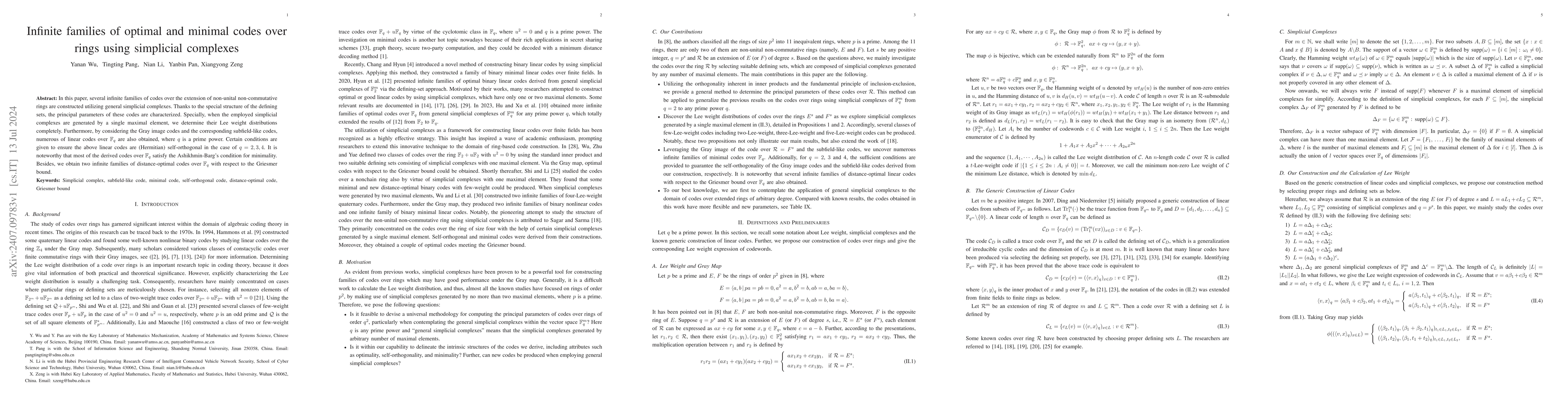 Thumbnail for Infinite families of optimal and minimal codes over rings using
  simplicial complexes