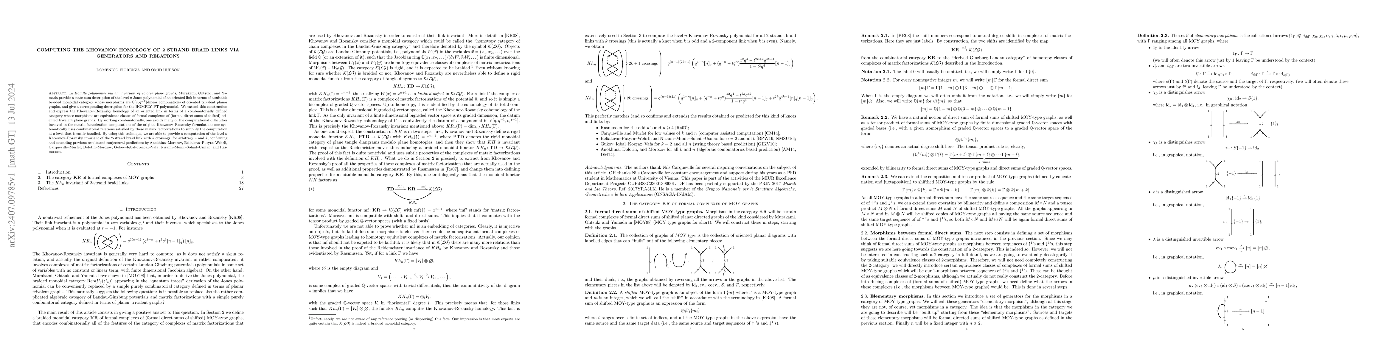 Thumbnail for Computing the Khovanov homology of 2 strand braid links via generators
  and relations