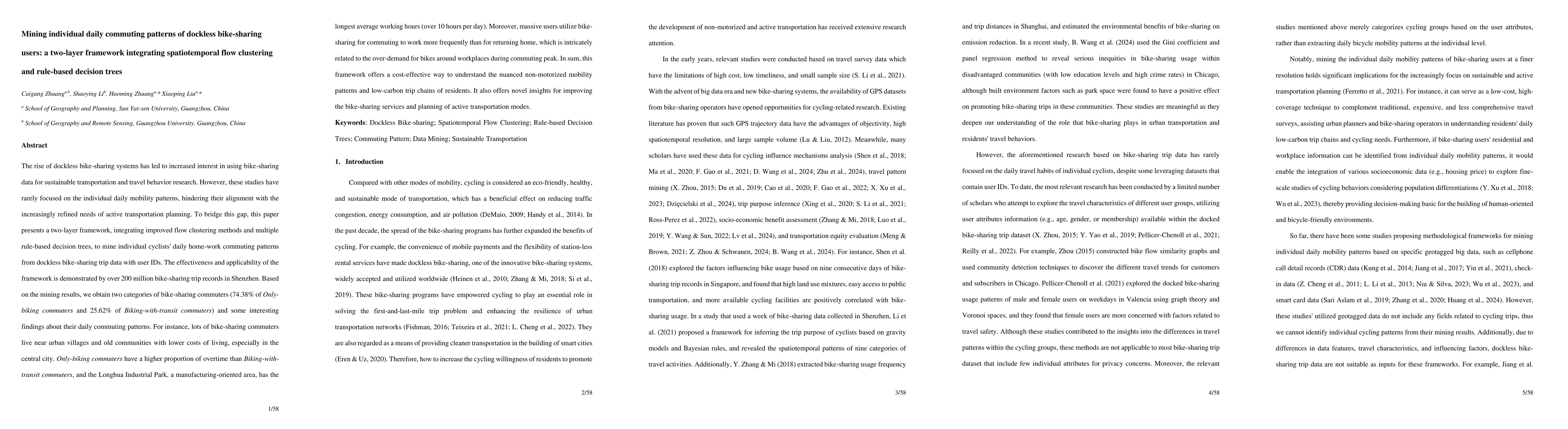 Thumbnail for Mining individual daily commuting patterns of dockless bike-sharing
  users: a two-layer framework integrating spatiotemporal flow clustering and
  rule-based decision trees