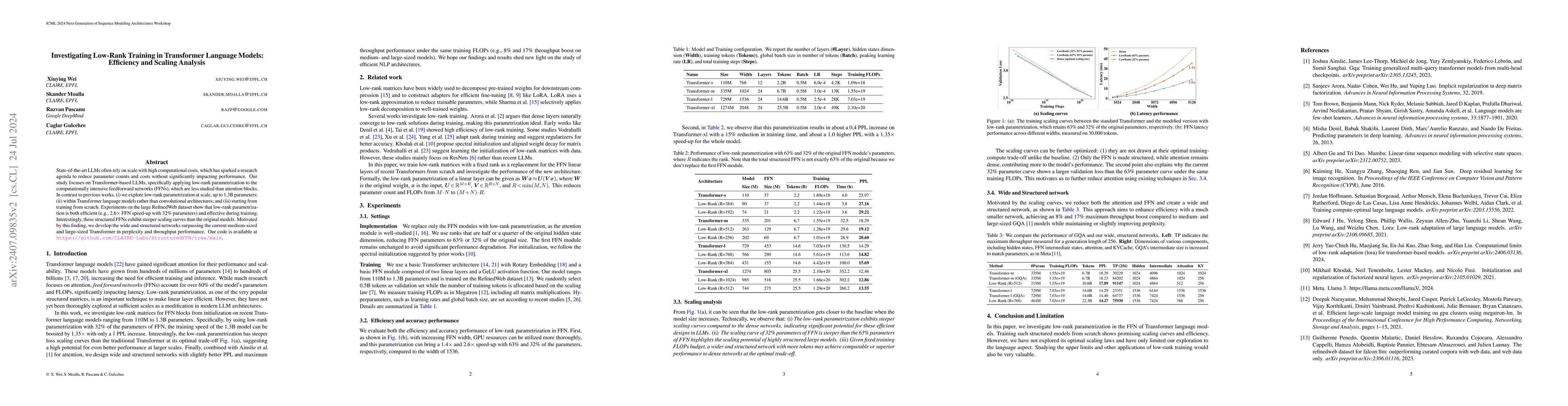 Thumbnail for Investigating Low-Rank Training in Transformer Language Models:
  Efficiency and Scaling Analysis
