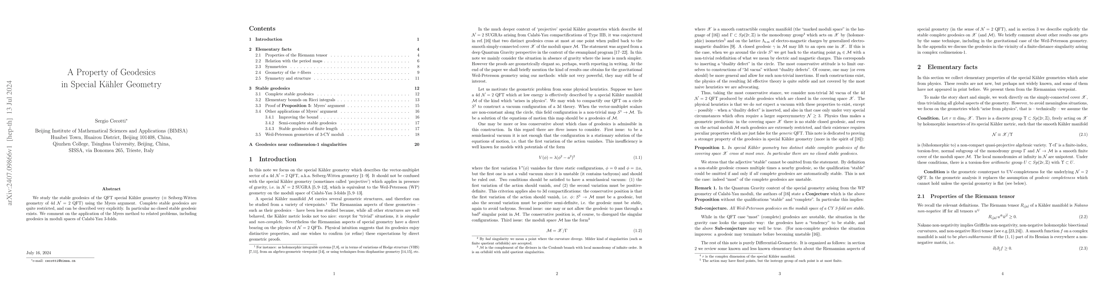 Thumbnail for A Property of Geodesics in Special Kähler Geometry
