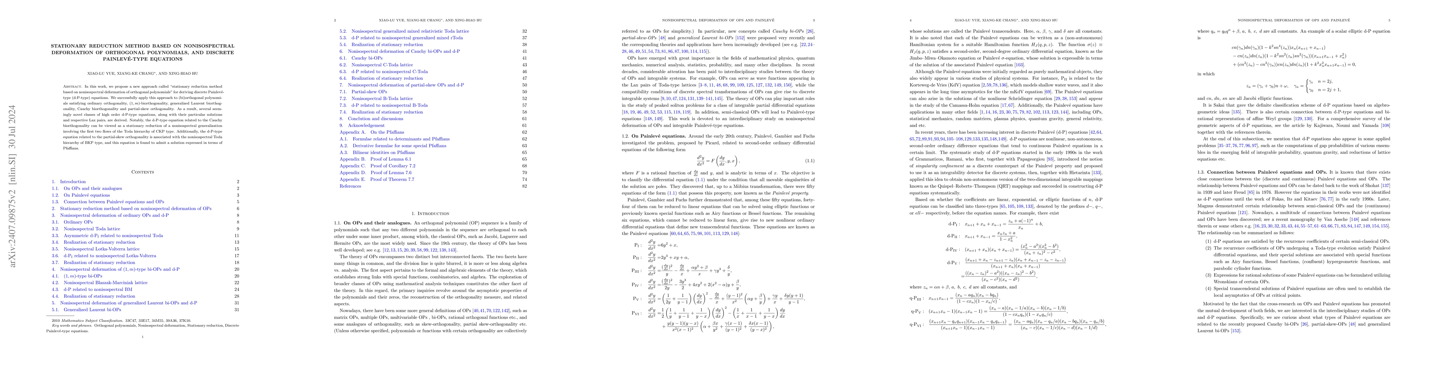 Thumbnail for Stationary reduction method based on nonisospectral deformation of
  orthogonal polynomials, and discrete Painlevé-type equations