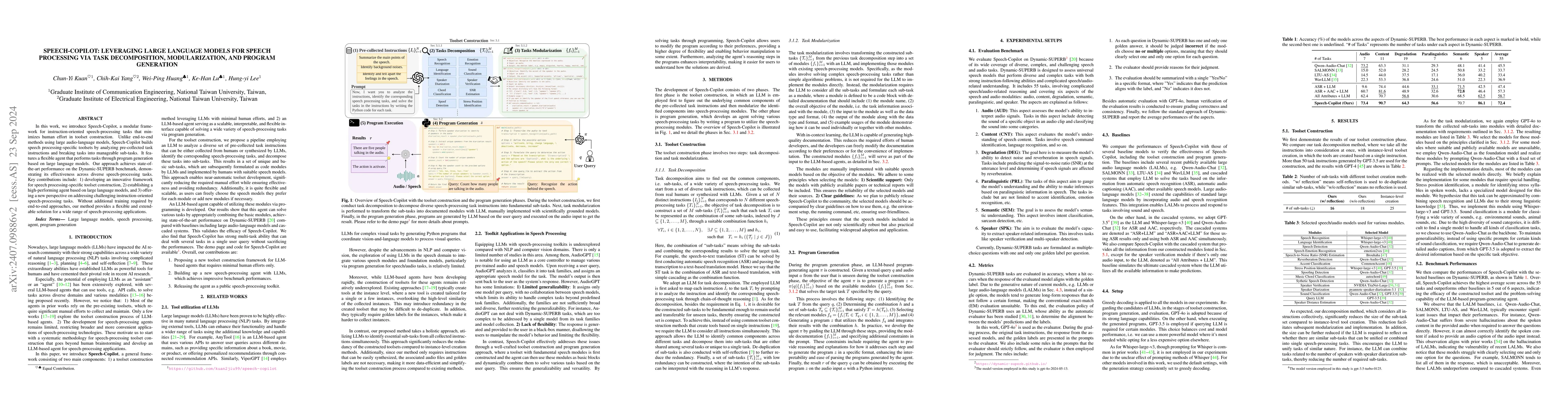 Thumbnail for Speech-Copilot: Leveraging Large Language Models for Speech Processing
  via Task Decomposition, Modularization, and Program Generation