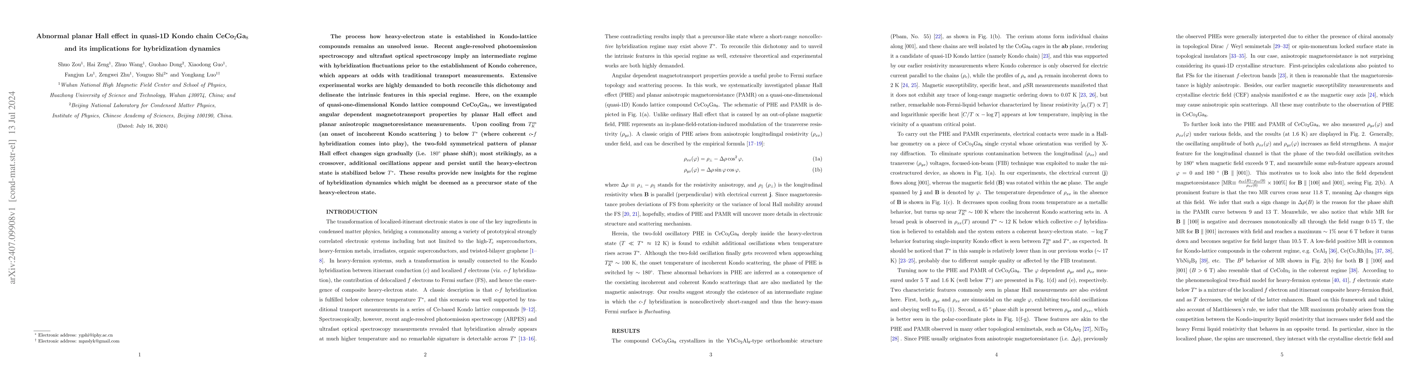 Thumbnail for Abnormal planar Hall effect in quasi-1D Kondo chain CeCo$_2$Ga$_8$ and
  its implications for hybridization dynamics