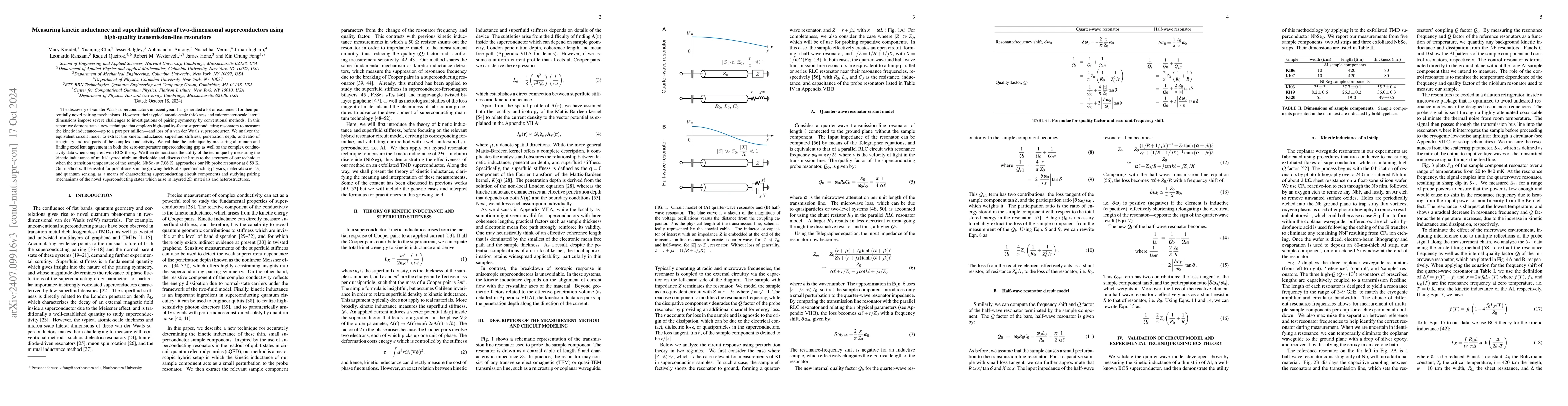 Thumbnail for Measuring kinetic inductance and superfluid stiffness of two-dimensional
  superconductors using high-quality transmission-line resonators