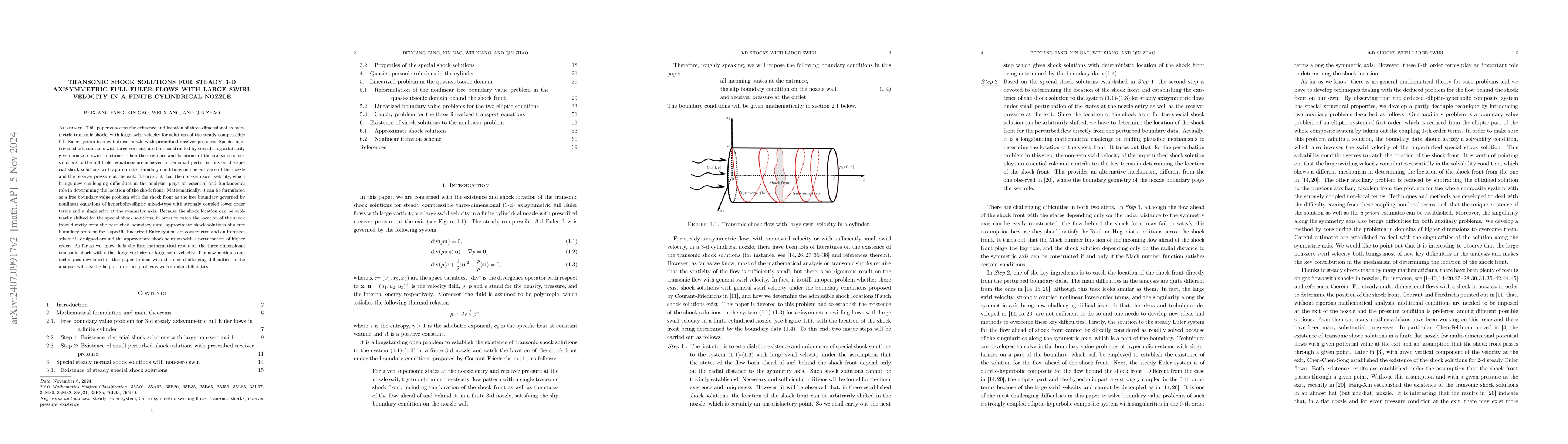 Thumbnail for Transonic shock solutions for steady 3-D axisymmetric full Euler flows
  with large swirl velocity in a finite cylindrical nozzle
