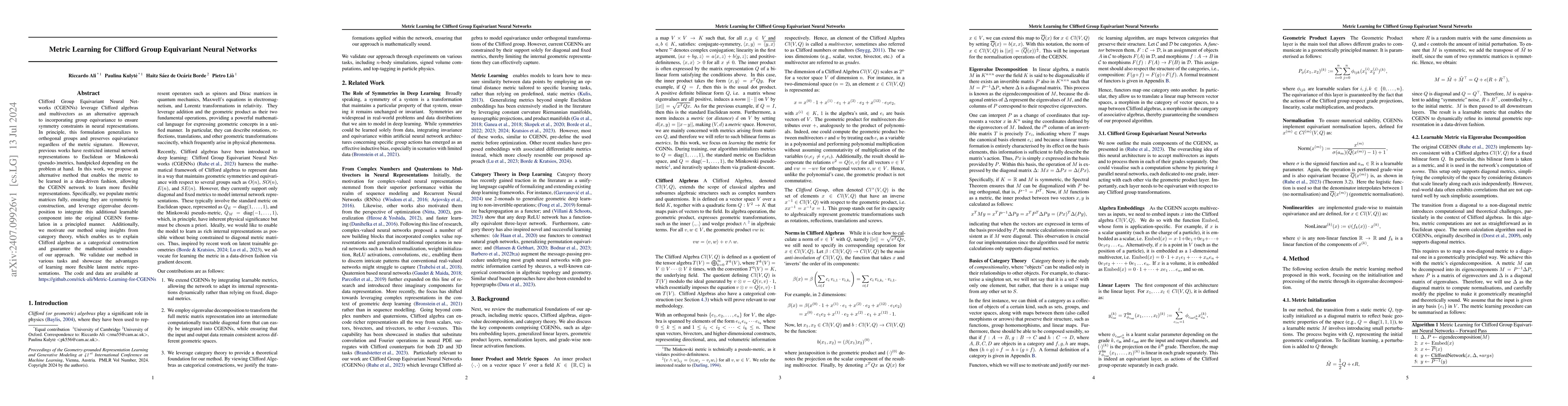 Thumbnail for Metric Learning for Clifford Group Equivariant Neural Networks