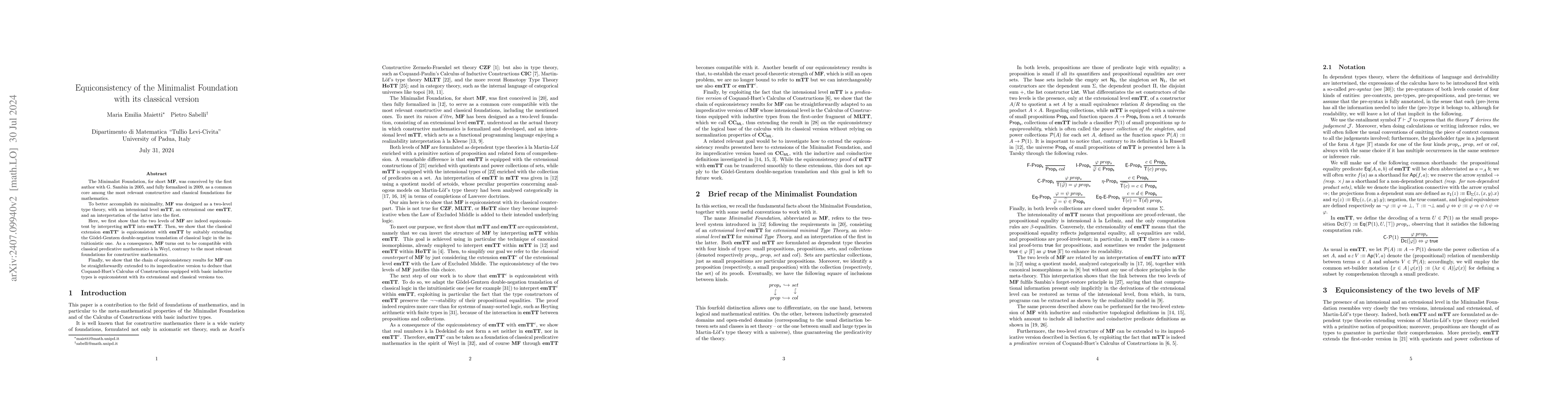 Thumbnail for Equiconsistency of the Minimalist Foundation with its classical version