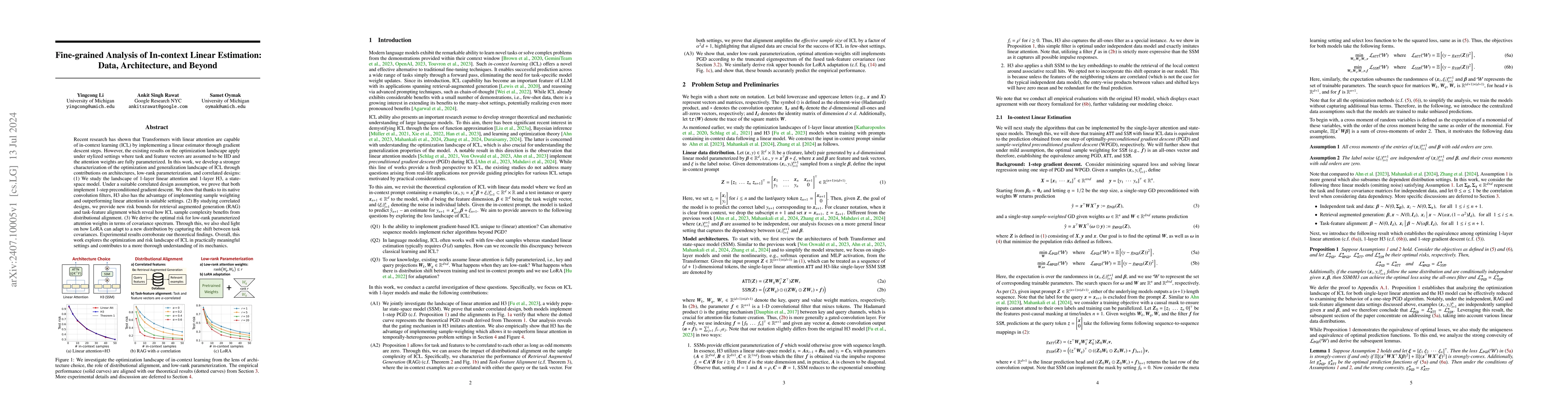 Thumbnail for Fine-grained Analysis of In-context Linear Estimation: Data,
  Architecture, and Beyond