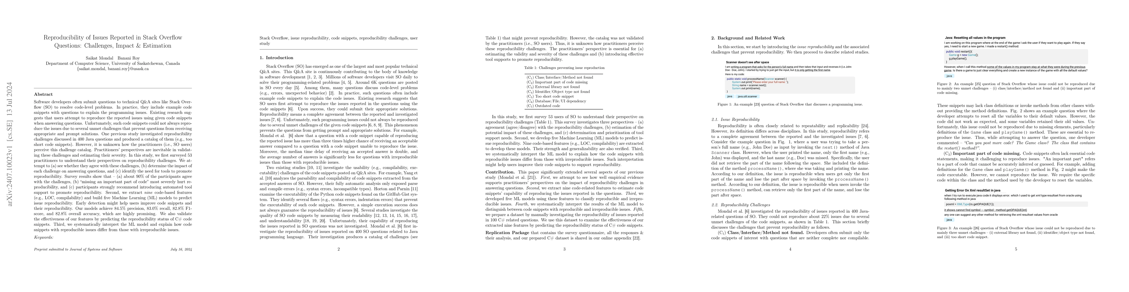 Thumbnail for Reproducibility of Issues Reported in Stack Overflow Questions:
  Challenges, Impact & Estimation