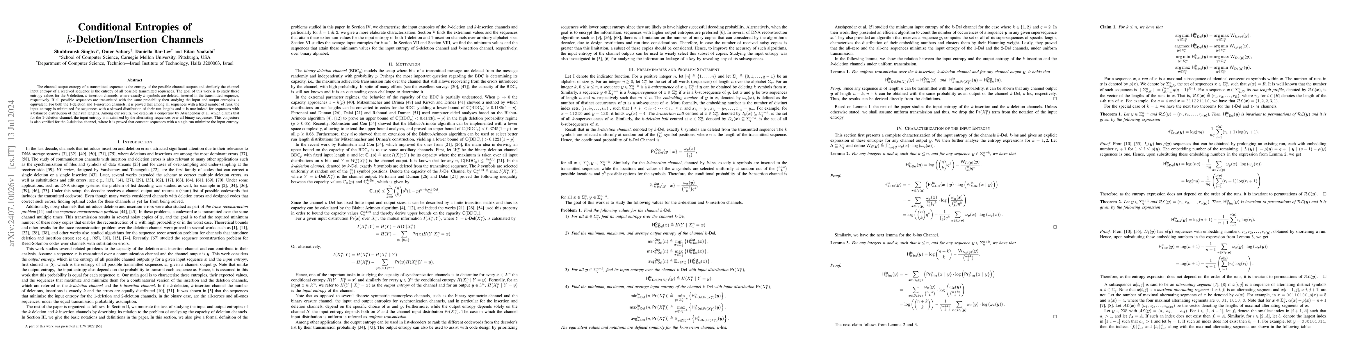 Thumbnail for Conditional Entropies of k-Deletion/Insertion Channels