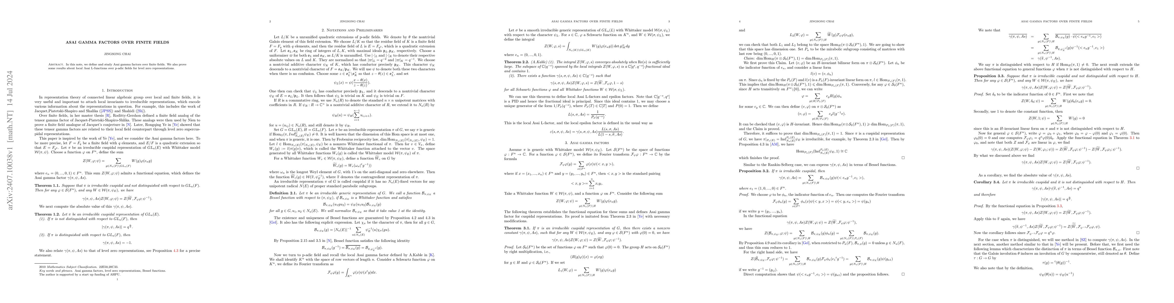 Thumbnail for Asai gamma factors over finite fields