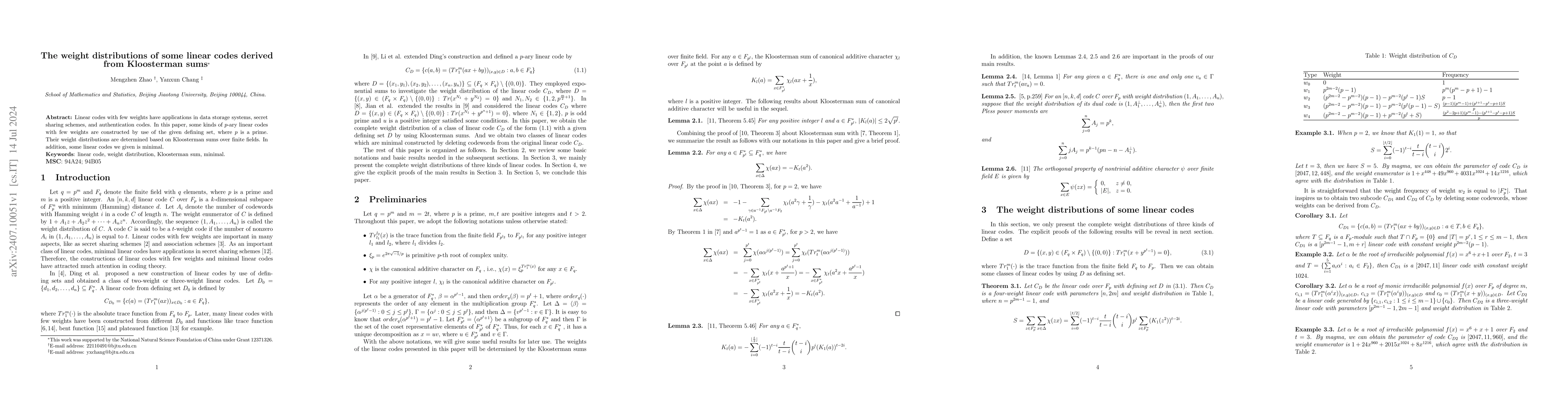 Thumbnail for The weight distributions of some linear codes derived from Kloosterman
  sums