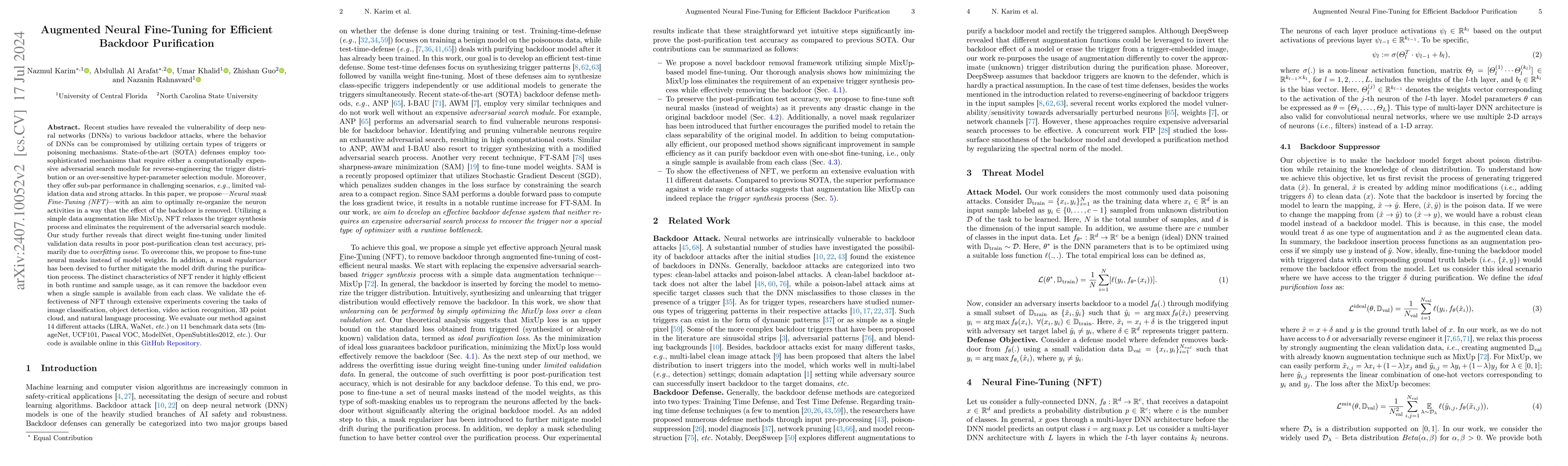 Thumbnail for Augmented Neural Fine-Tuning for Efficient Backdoor Purification