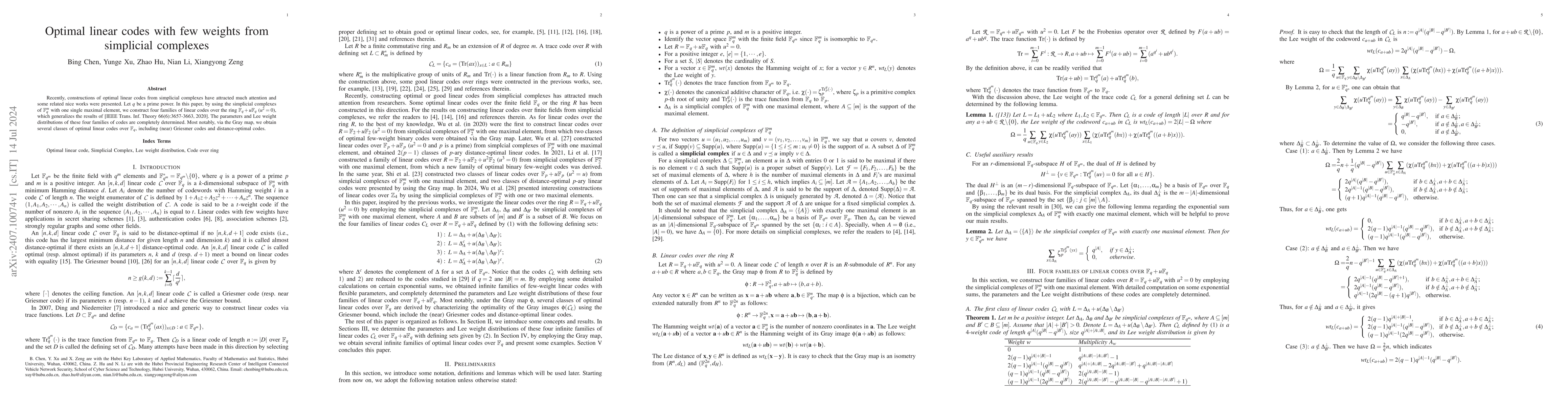 Thumbnail for Optimal linear codes with few weights from simplicial complexes