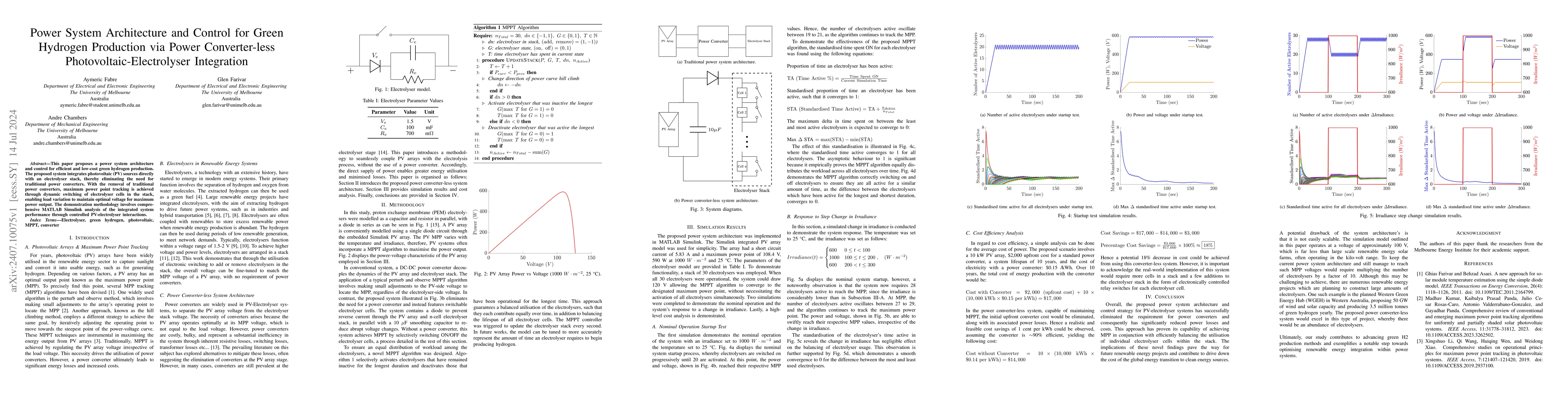 Thumbnail for Power System Architecture and Control for Green Hydrogen Production via
  Power Converter-less Photovoltaic-Electrolyser Integration