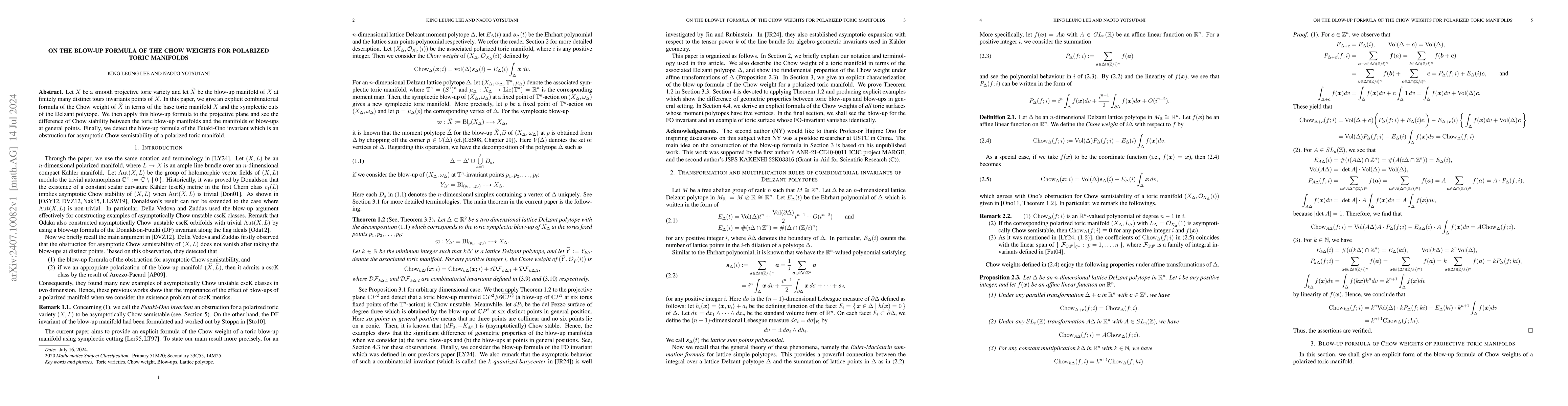 Thumbnail for On the blow-up formula of the Chow weights for polarized toric manifolds