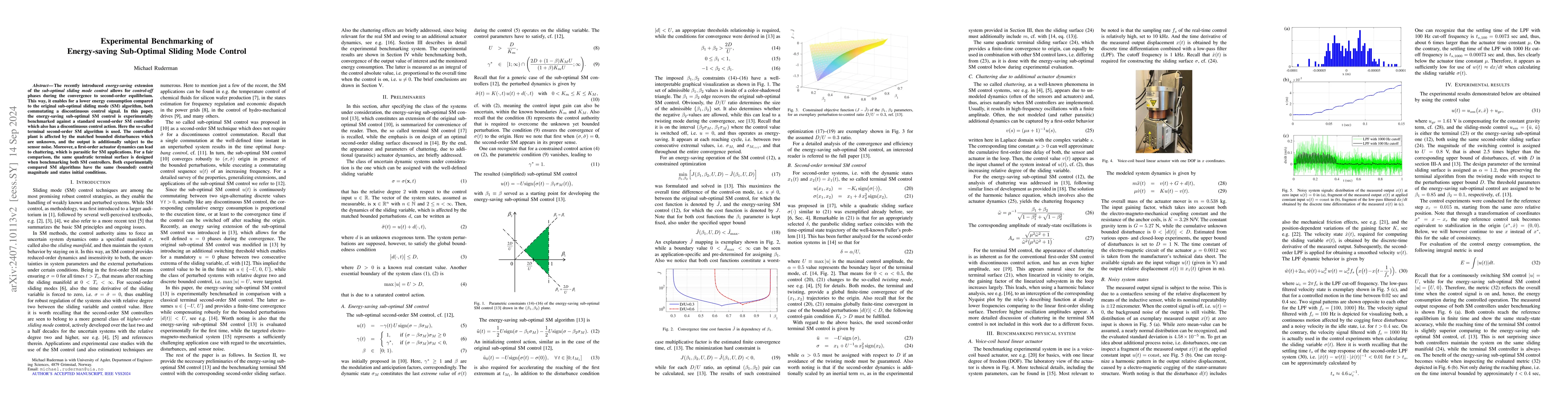 Thumbnail for Experimental Benchmarking of Energy-saving Sub-Optimal Sliding Mode
  Control
