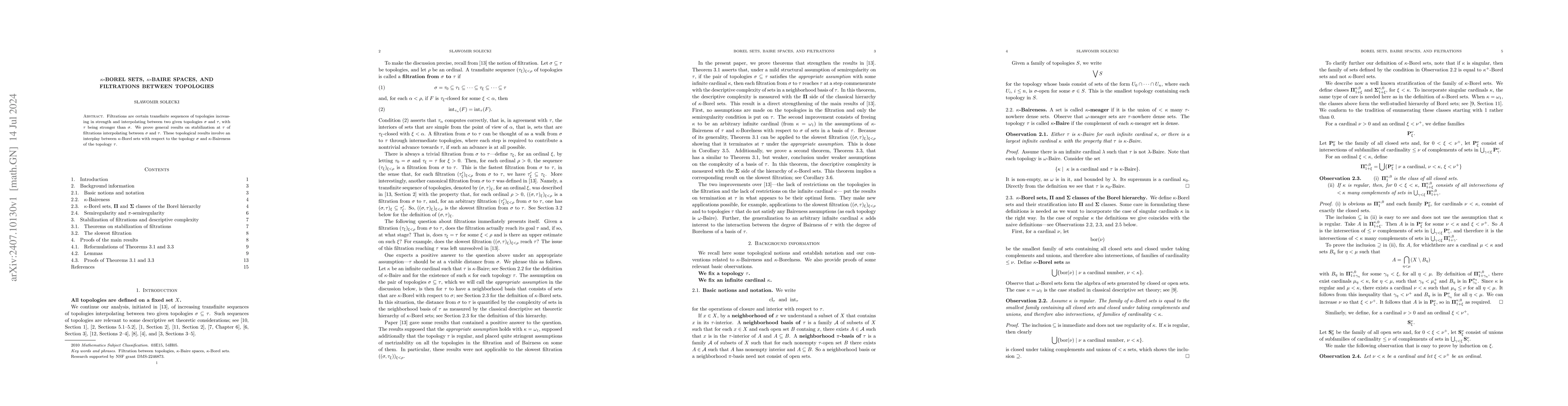 Thumbnail for $κ$-Borel sets, $κ$-Baire spaces, and filtrations between
  topologies