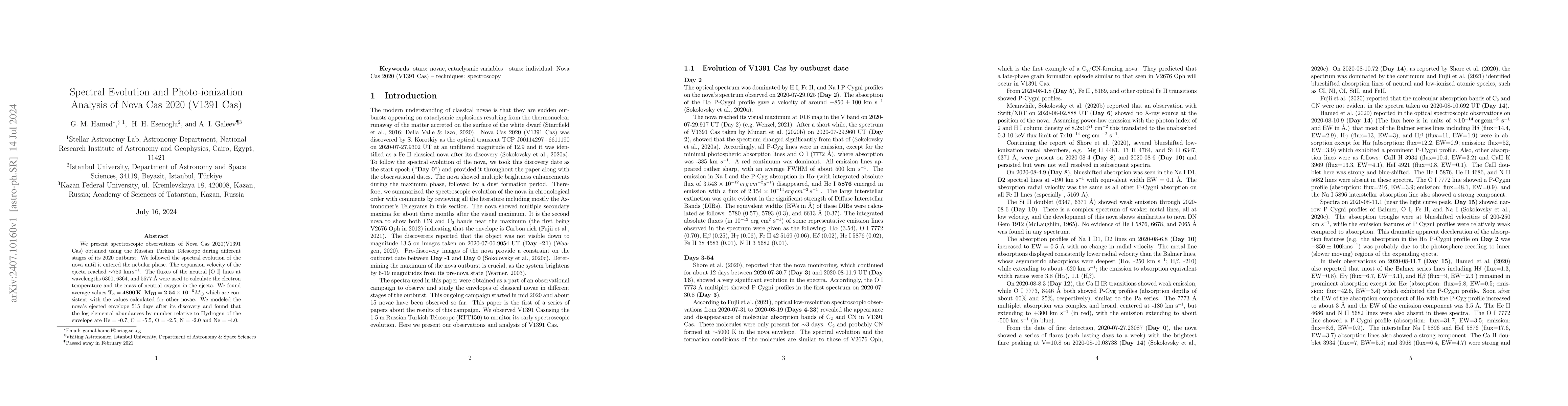 Thumbnail for Spectral Evolution and Photo-ionization Analysis of Nova Cas 2020 (V1391
  Cas)