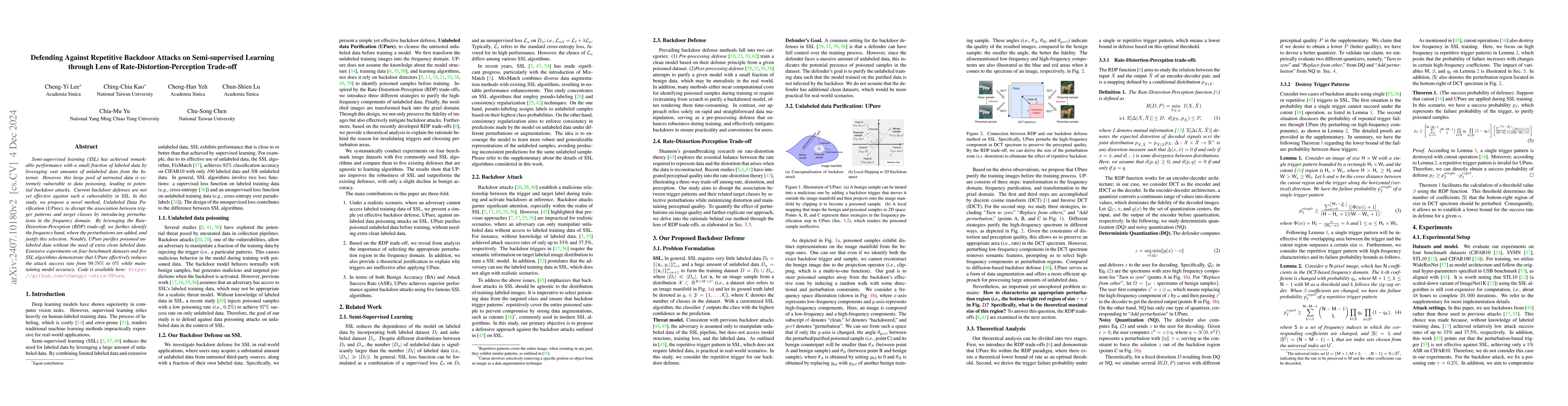 Thumbnail for Defending Against Repetitive-based Backdoor Attacks on Semi-supervised
  Learning through Lens of Rate-Distortion-Perception Trade-off