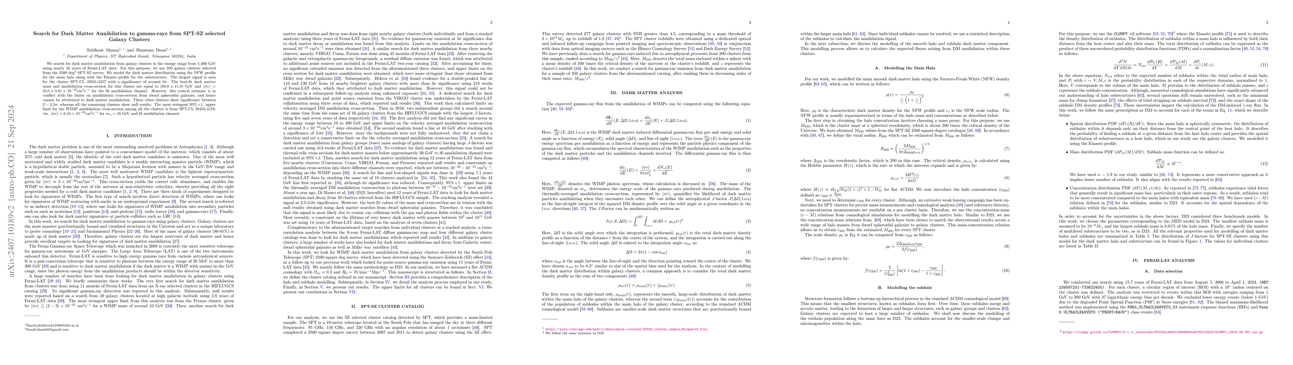Thumbnail for Search for Dark Matter Annihilation to gamma-rays from SPT-SZ selected
  Galaxy Clusters